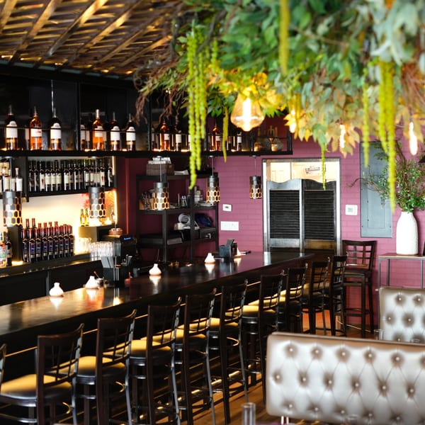 Badageoni's bar area with bottles on shelves, bar stools, and hanging greenery with lights.